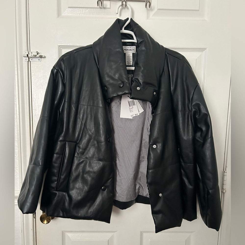 For The Republic Black Faux Leather Puffer Jacket
